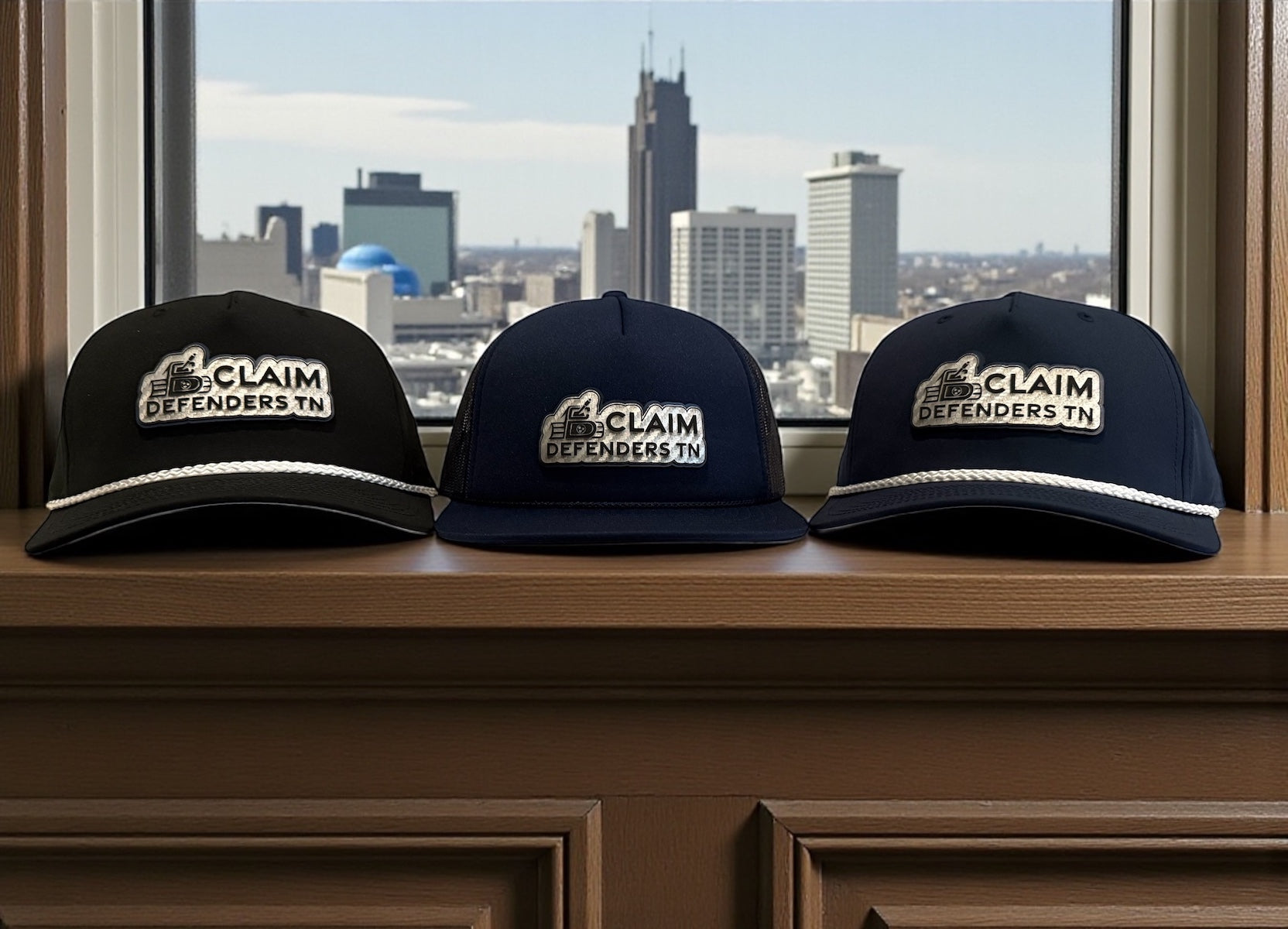 Three 'Claim Defenders TN' hats on a surface with a cityscape view through a window.