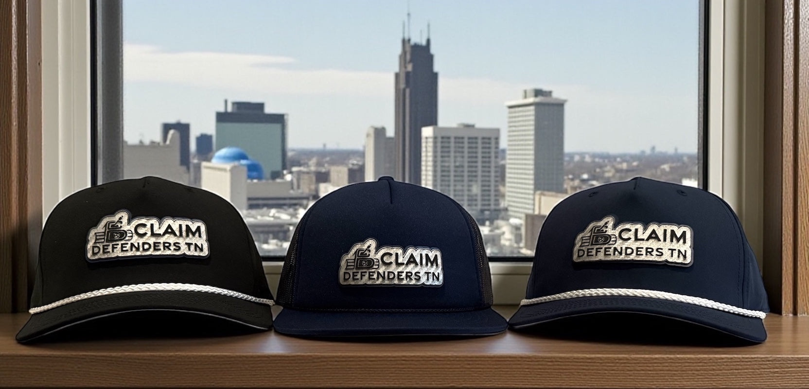 Three 'Claim Defenders TN' hats on a surface with a cityscape view through a window.