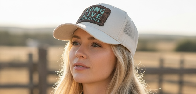 Woman wearing a cap with custom text in an outdoor setting