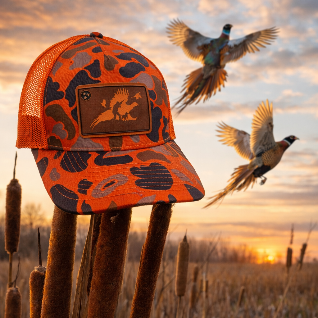 Orange camouflage cap with a logo on a background of flying birds and sunset over water.