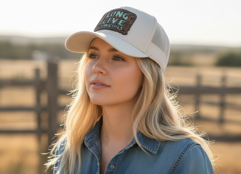 Woman wearing a cap with custom text in an outdoor setting